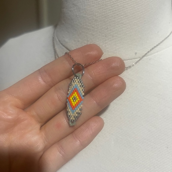 Handmade Miyuki Beads seed blue patterned beaded Necklace on 925 sterling chain - Picture 2 of 3